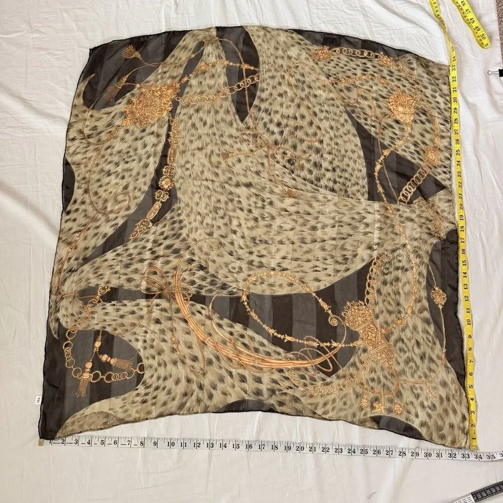 Vintage Silk Scarf Brown Gold Equestrian Chain Tassel Metallic Square 35x35